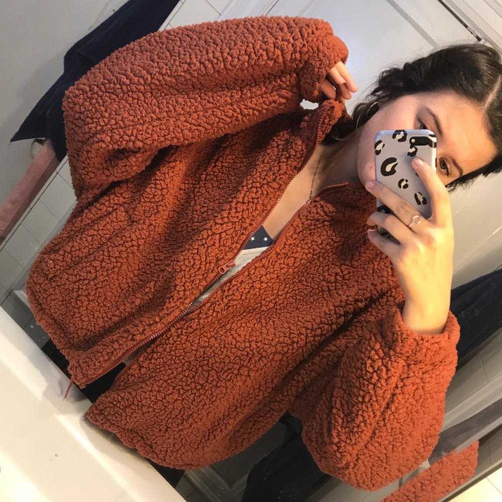 Fuzzy Teddy Cropped Burnt Orange Jacket
